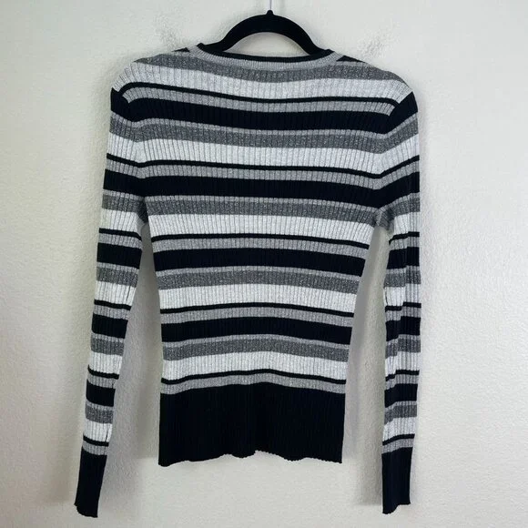 Frame Womens Small Metallic Striped Crewneck Ribbed Sweater Knit Top Stretch - Picture 9 of 10